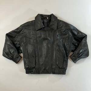 Vintage Spiegel Black Leather Bomber Jacket Size PS Asymmetrical Zip 80s Moto
